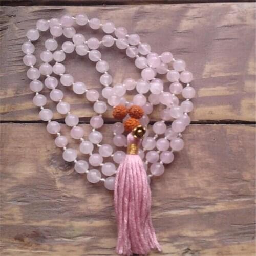 6mm Rose Quartz gemstone Rudraksha 108 Tassel Mala necklace Fancy Reiki yoga spirituality energy chain Buddhism