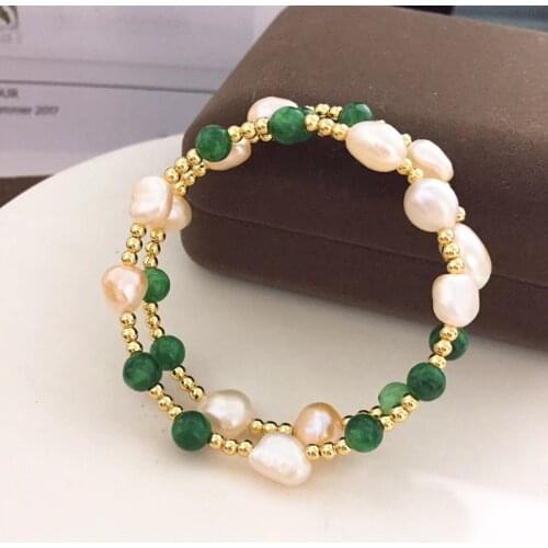 Free shipping handmade jewelry natural baroque shape genuine pearl green agate elastic force 3 row bracelet wedding gift