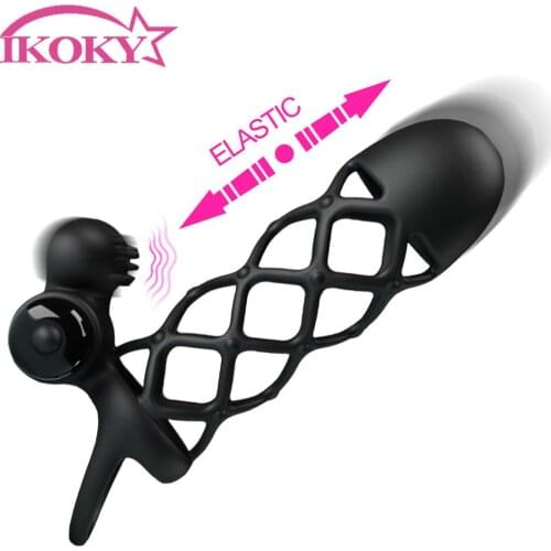 IKOKY Dick Enlargement Extender 10 Speeds Ejaculation Delay G spot Stimulator Bullet Vibrator Flexible Vibrating Cock Cage