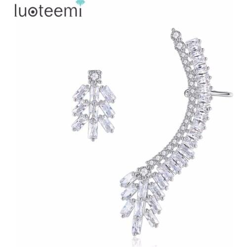 LUOTEEMI White Gold Color Copper Jewelry Earring Clear Geometric CZ Asymmetric Shape Charm Stud Earrings For Women Girl Friend