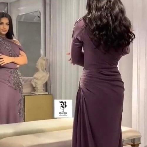 Fashion Purple One Shoulder Beaded Stones Long Sleeve Pleated Sheath Prom Dresses 2019