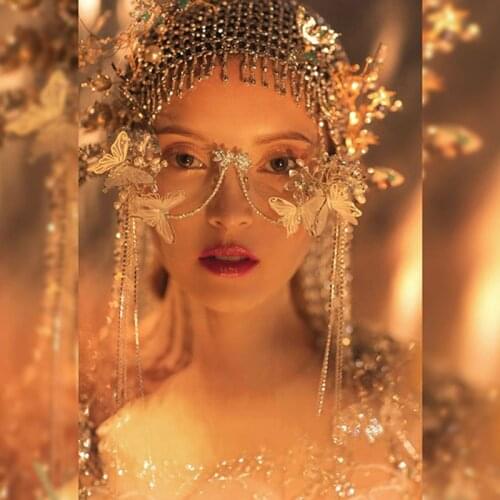 Fashion Accessories Eyeglass Frame Cap Hat Butterfly Half Glasses Headwear Pearl Tassels Bead Chain Studio Photo Shoot Ornaments