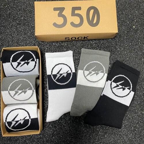 Mens Lightning Tide Socks Pure Cotton Sport Hip Hop Skateboard White Black Color Stitching Wholesale 3 Pairs/Box