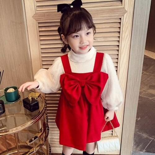 2021 Newest Kids Clothing Sets Autumn Spring Hot Red Bowknot Tops 2pcs Princess Girls Clothes New Year Children Costume Outfit