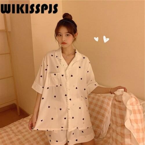 WIKISSPJS 2021 Summer New Love Printing Loose Pajamas for Women Two Piece Set Summer Pajamas for Teen Girls Kawaii Pajama