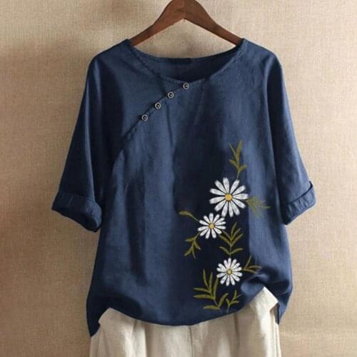 New Fashion Pullover Shirt Top O-Neck Skin-friendly Breathable Floral Print Shirt Short Sleeve Button Lady Shirt for Daily Wear