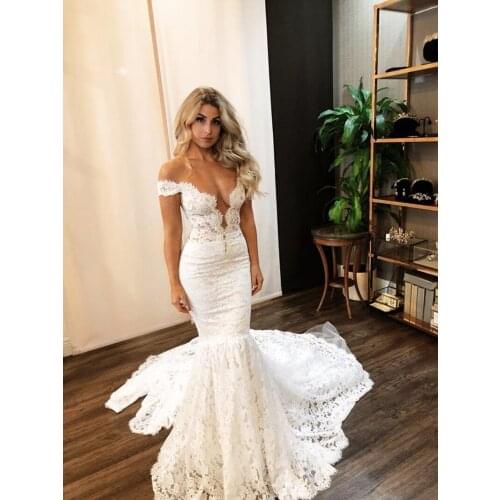 Charming Mermaid Lace Wedding Dresses Long Off The Shoulder Sexy V Neck Wedding Gowns Sweep Train Covered Button Bride Dress