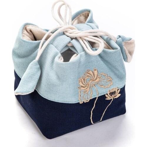 Embroidery Flower Portable Mini Cup Bag with Handle rope Cotton Linen Storage Travel Bag Tea Cup Handmade Cloth Bags