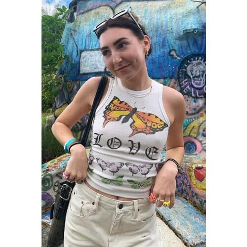 Retro mariposa Tank Tops sin mangas Slim Mini chaleco y2k estética 90s Top Vintage recortada blanco básico Casual sudor Tee