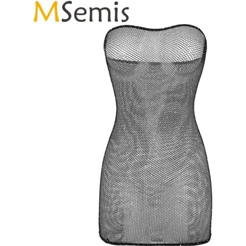 MSemis Fishnet Dress Women Shiny Rhinestones Netted Porn Sexy Lingerie Sheer Tube Mini Dress Exotic Babydoll Sleepwear Nightdres
