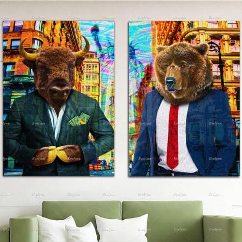 Modern Bear & Bull Print Canvas Stock Market Wall Art Poster Wall Street Traders Hd Modular Pictures Office Home Decoration Fram