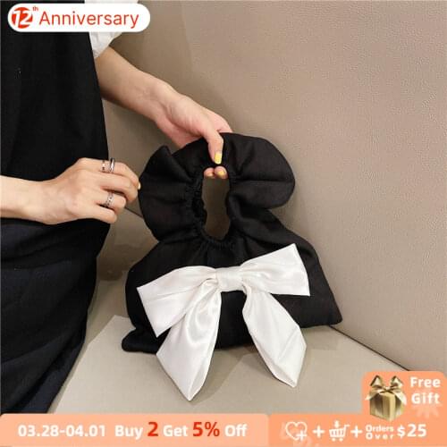 Retro Satin Bowknot Womens Mini Wrist Bag Fashion Ladies Canvas Small Shoulder Bags Vintage Fold Female Clutch Purse Handbags