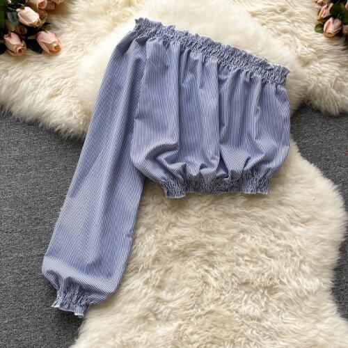 European American Fashion Blouse Female Summer New Style Blusa Oblique Collar Strapless Unilateral Puff Sleeve Shirt DK1309