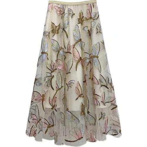 Korean UK Fashion 3D Butterfly Chiffon Pleated Elastic Waist Casual Skirt Women Clothes Long Jupe Women Girl Summer Skirts Falda