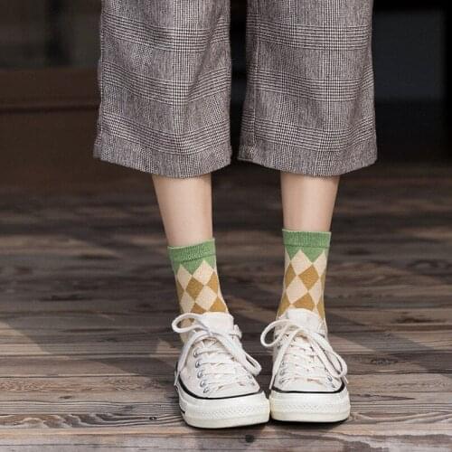 Women Socks Fashion Lattice Cotton Preppy Style Happy Casual Deodorant Socks Female Socks Plaid Socks Middle Tube Girls Socks