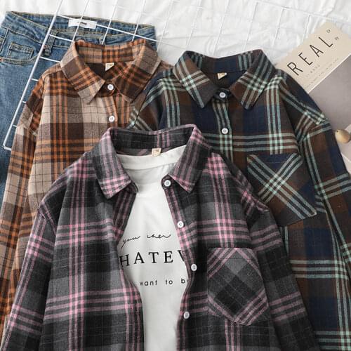 Women Shirts Plaid Long Sleeve Blouses Top Female Retro Casual Turn-down Collar Cotton Button Up Shirt Harajuku Blouse Women