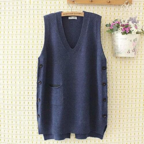 Plus size V neck pocket women loose sweater vest 2021 new winter casual ladies wool knitted vests pullovers tops female navy