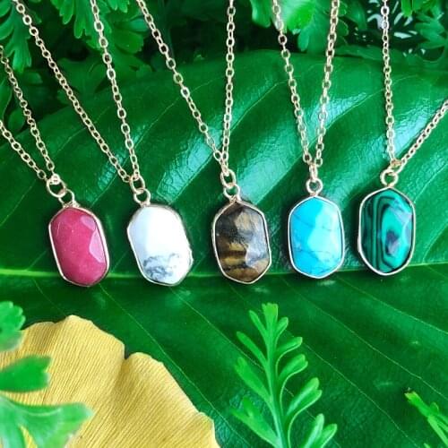 Say Geometric Malachite Tiger Eye Pink Crystal Stone Turquoises Charm Necklace Pendant Clavicle Chain Necklace For Women