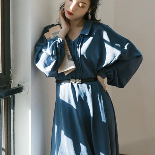2021 Spring New French Retro Blue Dress Female Lapel Long Sleeve Loose OL Style Ankle Length Shirt Dress With Belt Y853