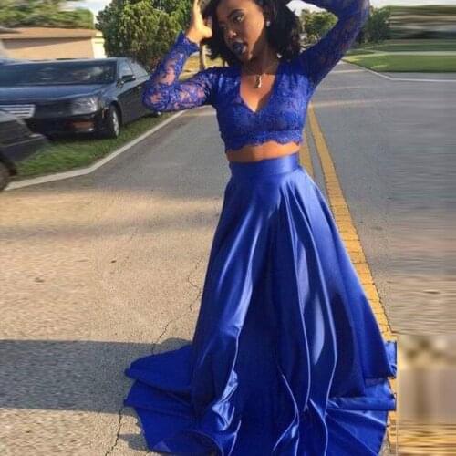 Two Pieces Royal Blue Long Sleeve Lace Evening Dresses For Black Girls Sexy V-Neck Women Prom Gown Formal Party Dress