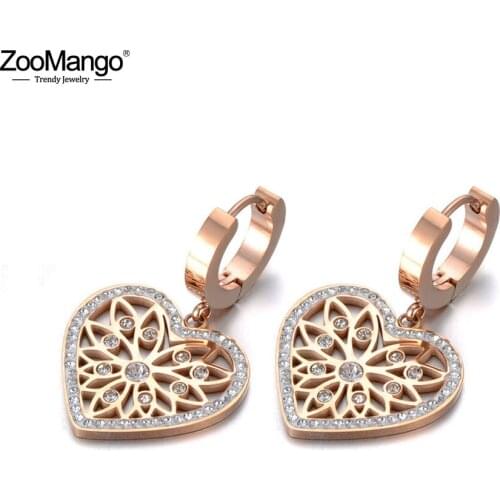 ZooMango Original Design Stainless Steel Love Heart Flower Earrings Jewelry Trendy CZ Crystal Hoop Earrings For Women ZE19268