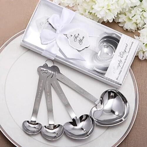 10sets / lot love wedding favors of simply elegant heart shaped stainless steel measuring spoon blank gift box free shipping