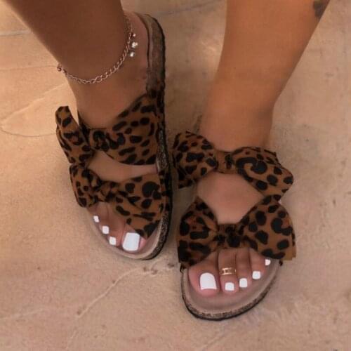 2020 New Bow Leopard Women Slipper Summer Open Toe Platform Slide Ladies Fashion Hollow Light Slip on Sandals Woman Shoes