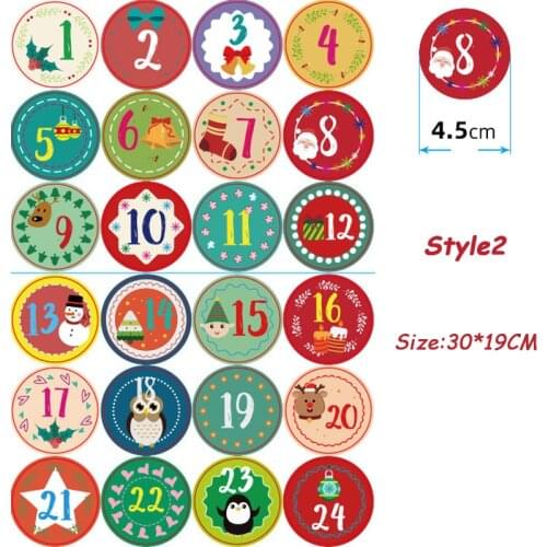 24Pcs Merry Christmas Advent Calendar Number Paper Sticker Handmade Cookie Candy Seal Stickers Xmas Decoration DIY Packing Label