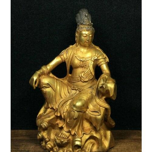Free shipping 8.4" Ancient Chinese Bronze Gilt Free Seat Guan Yin Kwan-Yin Goddess Statue