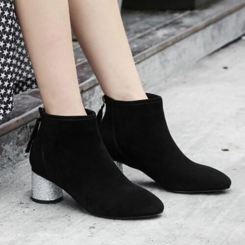 Big Size 9 10 11 12 Round-headed sequined round-heeled zipper Suede Boots