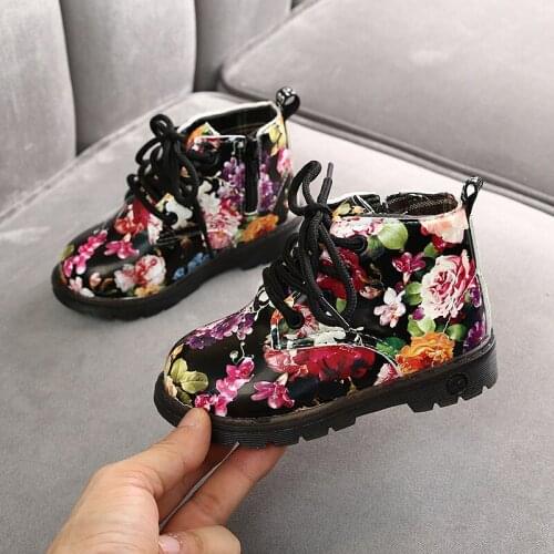 Kids Baby Girls Boots Shoes Printed Floral Leather Boots Plush Cotton Shoes Autumn Winter Children Boys' Single Boots Fashion