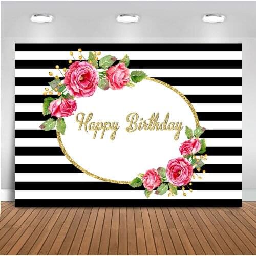 Neoback Happy Birthday photography backdrop White and black stripe party decoration banner background for photo booth studio 517