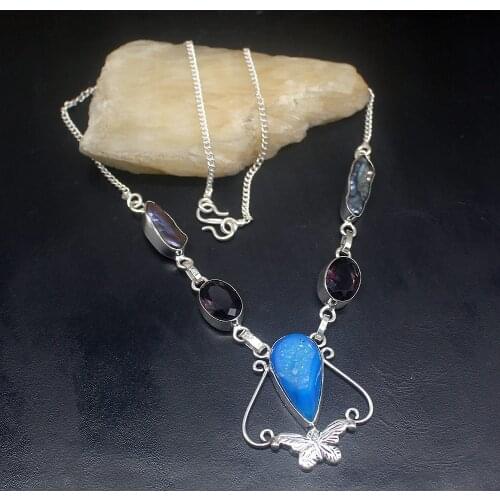 Gemstonefactory Jewelry Big Promotion 925 Silver Natural Druzy Amethyst Biwa Pearl Ladies Women Chain Necklace 46cm 202101652