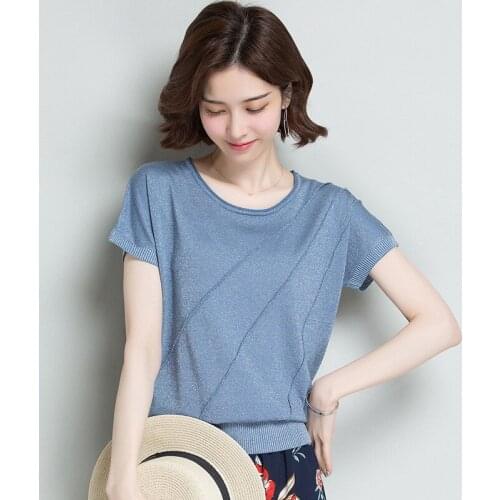 Korean Women T-shirt Short Sleeve Loose Round Collar Solid Color Bottoming Top Clothes Ladies Slim Casual Knitted Tees H9304