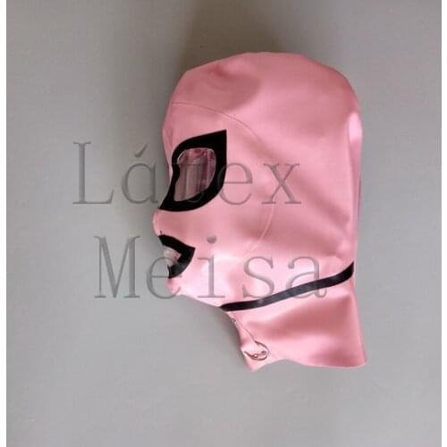 Latex catsuit masks womens rubber hoods including metal circle in metallic pink color with back zip