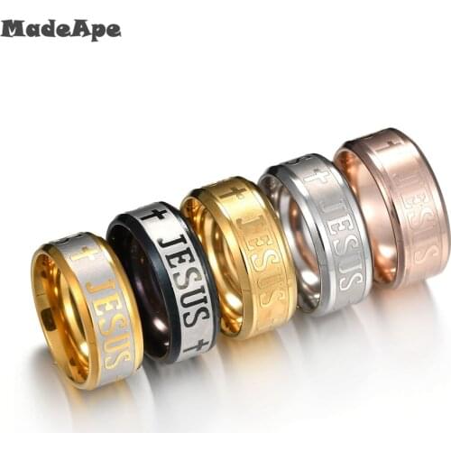 MadApe Classic Jewelry 8mm Stainless Steel Letter Bible Rings Black Silver Color Rose Gold Band Jesus Cross Ring For Men Women