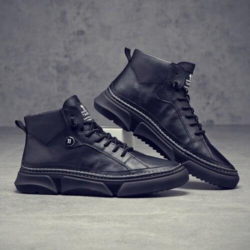 Fashion Sneakers Flats Driving Shoes for Men NEW Brand High-top Quality All Black Mens Leather Casual Flats Shoes T3-42