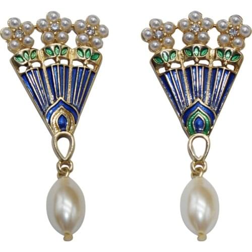 Ydgy fashion new fan-shaped Pearl Earrings female blue oil dripping enamel retro Earrings accessories wholesale