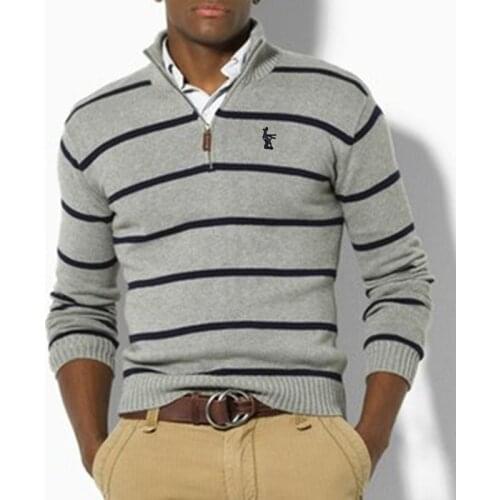 Mens Autumn /Winter 100% Cotton High-Neck Striped Sweater Jacket Brand Zipper Top Embroidered Deer Warm Casual Knitted Jacket