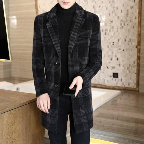 Autumn winter new mens suit collar wool woolen trench coat men mid-length fashion casual plaid long-sleeved coat male jacket