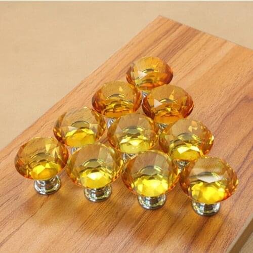 30mm 10PCS Yellow Crystal Glass Knob Single Hole Door Handles Set Drawer Kitchen Cabinet Cupboard Wardrobe Pulls Knobs