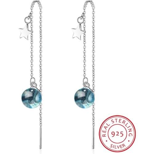 925 Sterling Silver Earring Round shape Moonstone Water Drop Long Tassel Earrings For Women Wedding Party Fine Jewelry