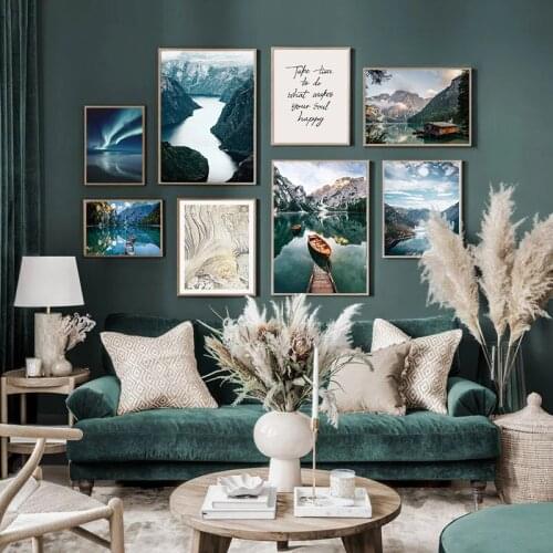 Nordic Snow Mountain Aurora Lake River Canvas Painting Home Poster Print Forest Boat Landscape Wall Art Modern Picture Decor