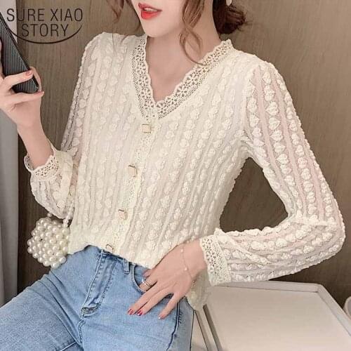 Korean Office Lace Blouse Love Shape V-neck Hollow Stitching Women Top Sweet Long Sleeve Autumn Chic Button Spring Clothes 12567
