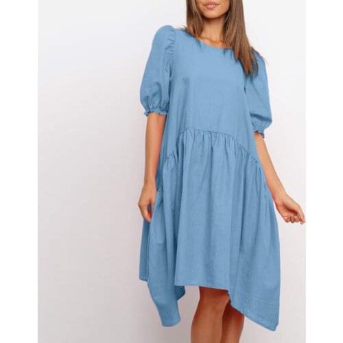Womens summer round neck puff sleeve solid color cotton and linen series casual comfortable loose knee-length skirt
