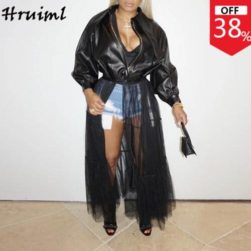 Trench Coat for Women Mesh Leather patchwork Long Coat Autumn Womens Fashion Jacket Plus Size Solid Long Sleeve Zipper Clothes