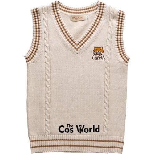 S-XXL Spring Autumn Cute Puppy Sleeveless Knit Vests Pullovers V Neck Sweaters For JK School Uniform Student Clothes