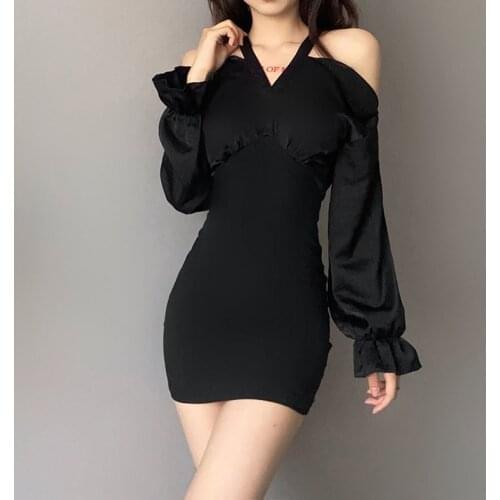 MODX 2021 Women Satin Long Sleeve Off Shoulder Neck-mounted Mini Dress Elegant Solid Black Bodycon Casual Dress Sexy Streetwear