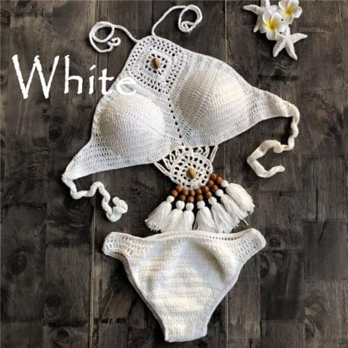 Women Sexy Crochet Bikini Knitted Cotton Swimwear Sets Female 2 Pieces SwimSuit Summer Boho Badnage Beachwear Bathing Suit