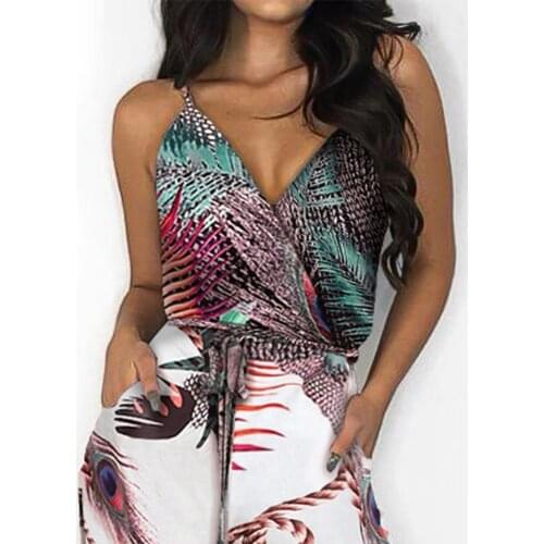 2021 new style peacock feather print sleeveless split sexy backless tether pocket sling V-neck womens jumpsuit